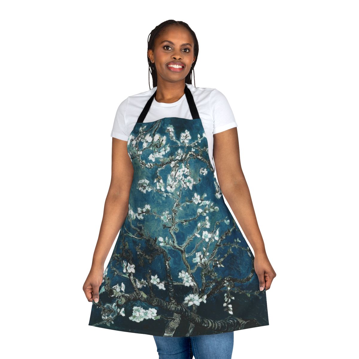 Vintage-inspired floral apron in deep teal, featuring an impressionist-style almond blossom design
