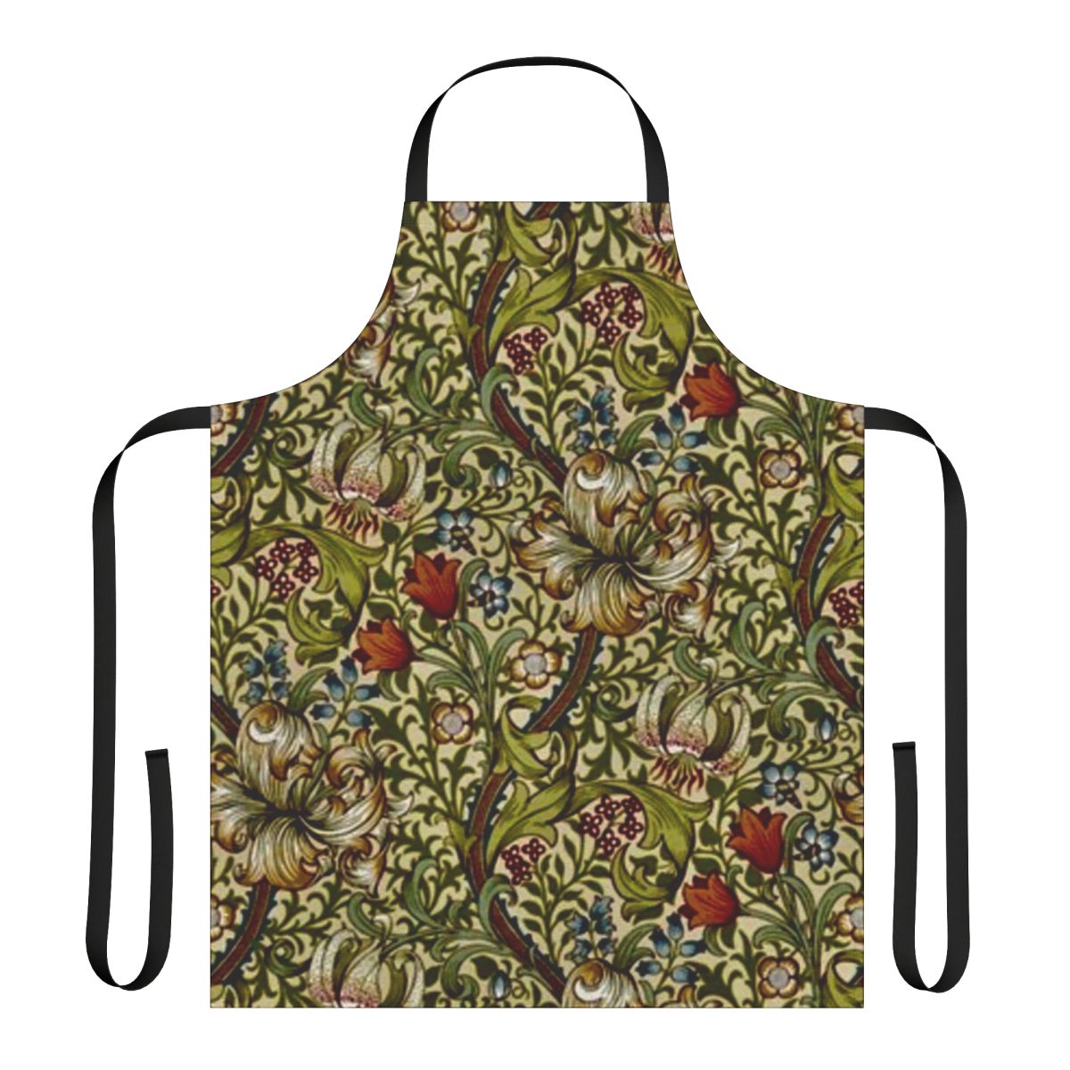 Vintage-style apron featuring a beautiful golden lily floral pattern designed by William Morris