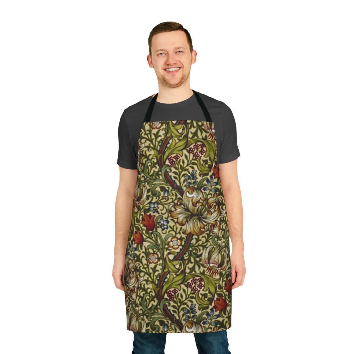 Vintage-style apron featuring a beautiful golden lily floral pattern designed by William Morris