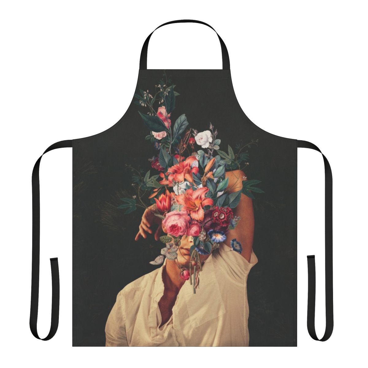 Vintage-style apron with a surreal collage design featuring red roses, botanical elements, and a dreamy, retro-inspired aesthetic.