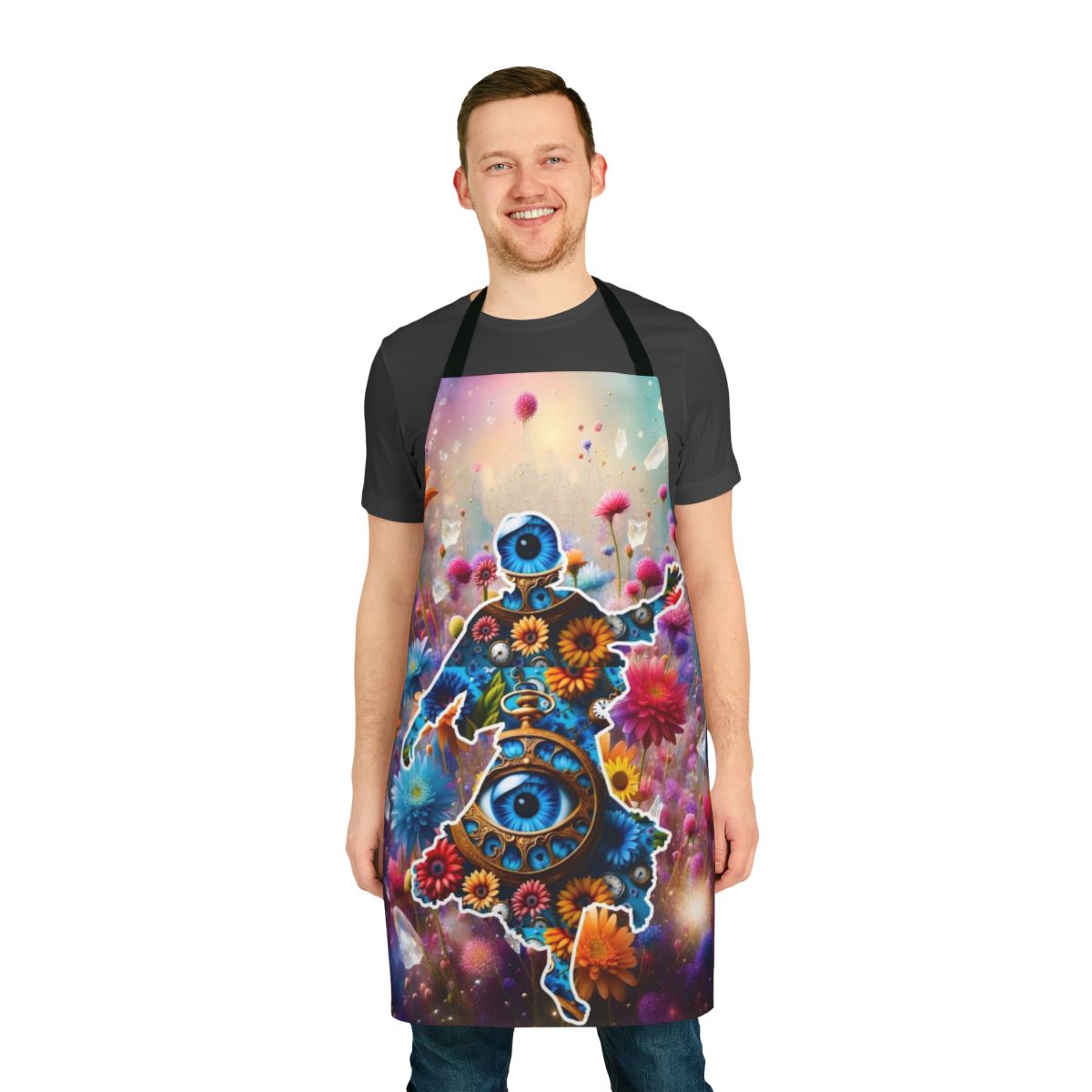 Vintage-inspired floral apron with dancing flower design