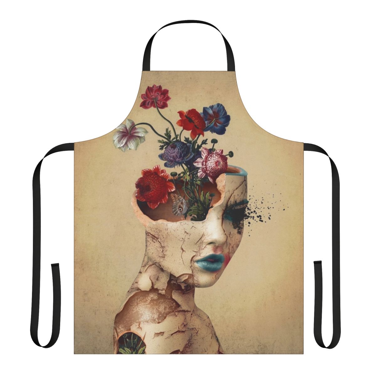 A vintage-inspired floral and grunge design apron for women