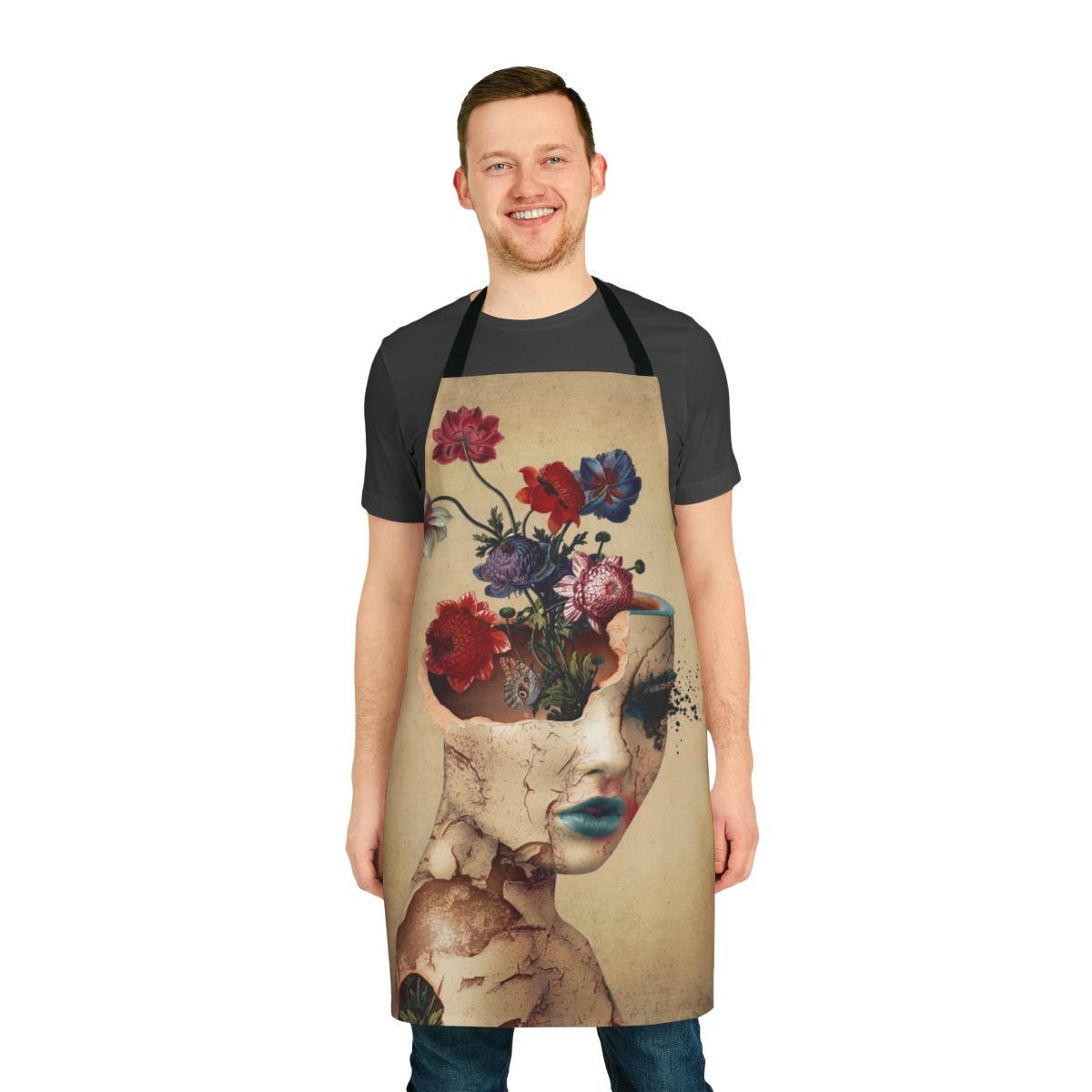 A vintage-inspired floral and grunge design apron for women