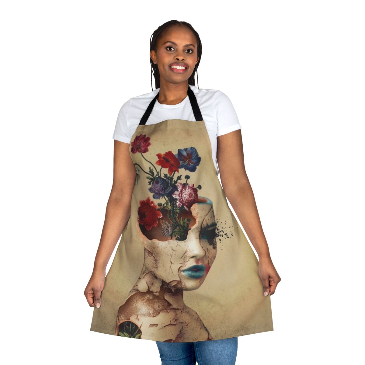 A vintage-inspired floral and grunge design apron for women