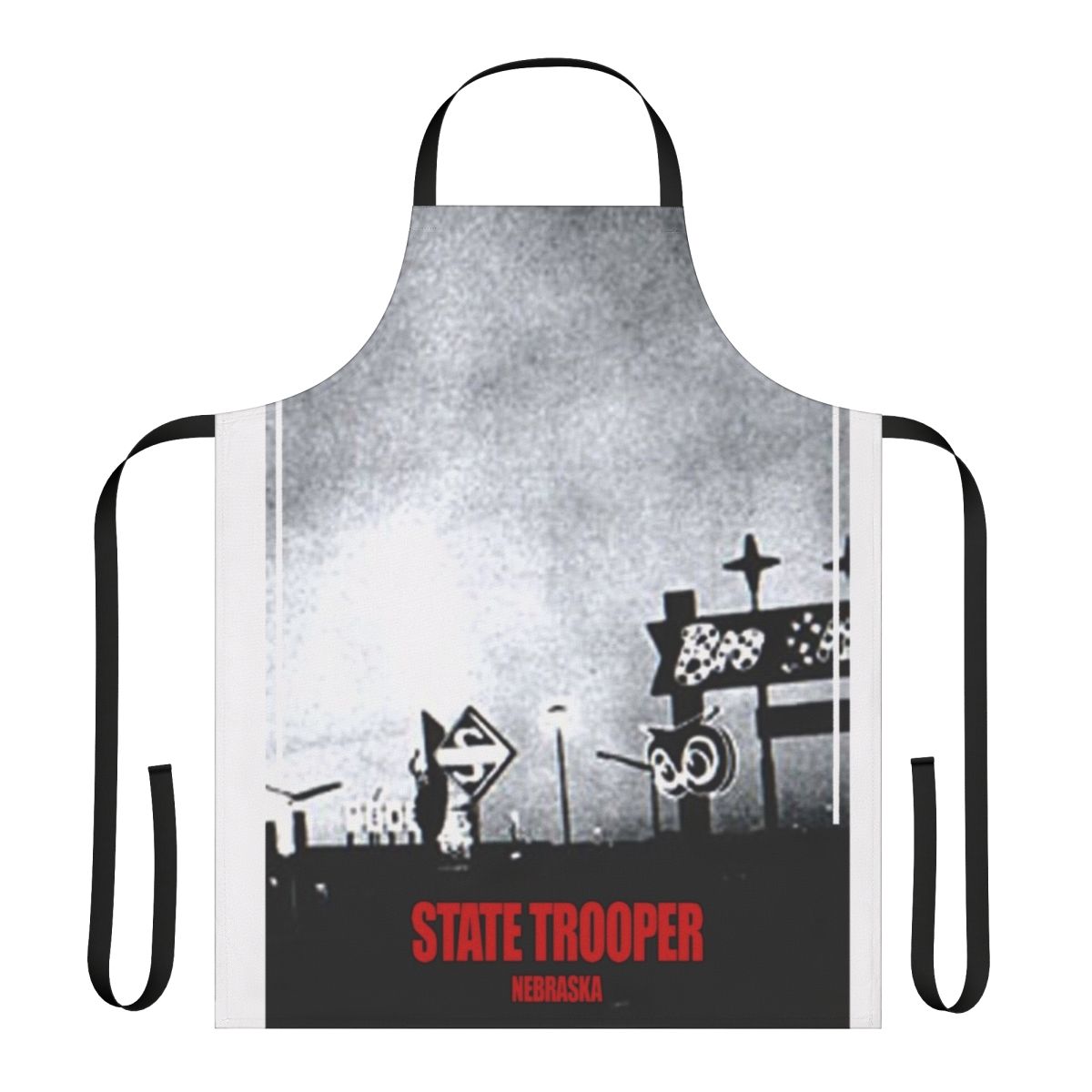Vintage-inspired apron featuring a state trooper design, perfect for music fans and Nebraskans.