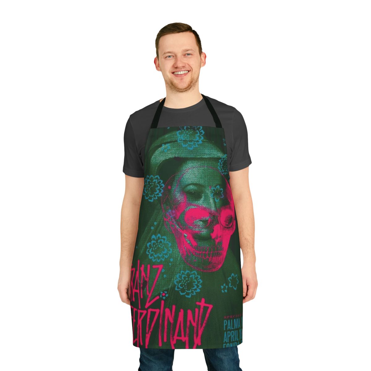 Vintage-inspired apron with a skull design, perfect for music fans.