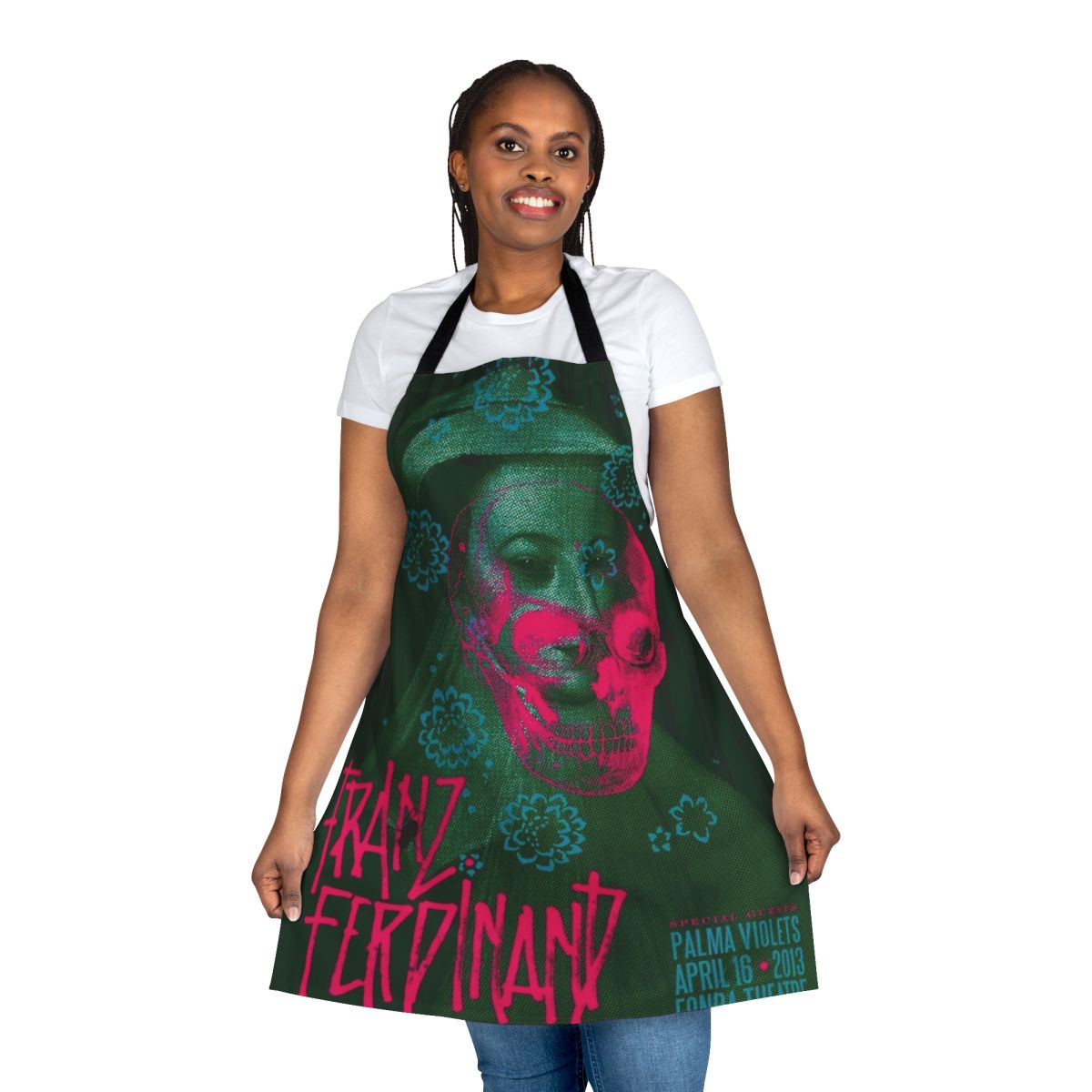 Vintage-inspired apron with a skull design, perfect for music fans.