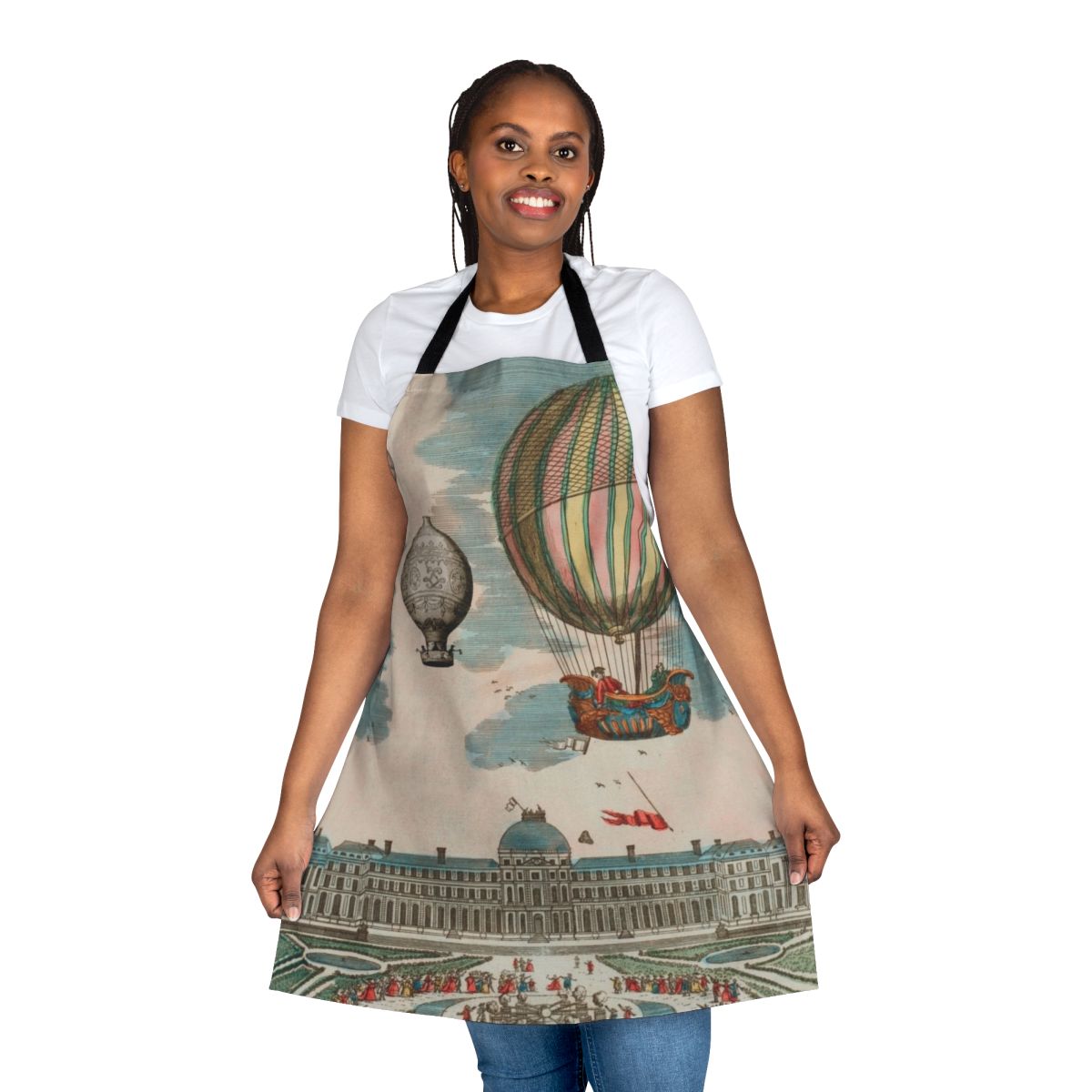 Vintage French-inspired apron featuring whimsical hot air balloons