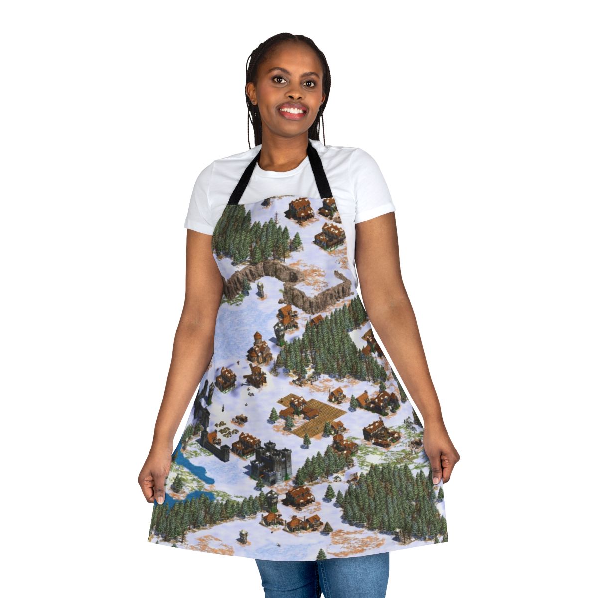 Apron featuring a snowy landscape design inspired by the classic video game Age of Empires.
