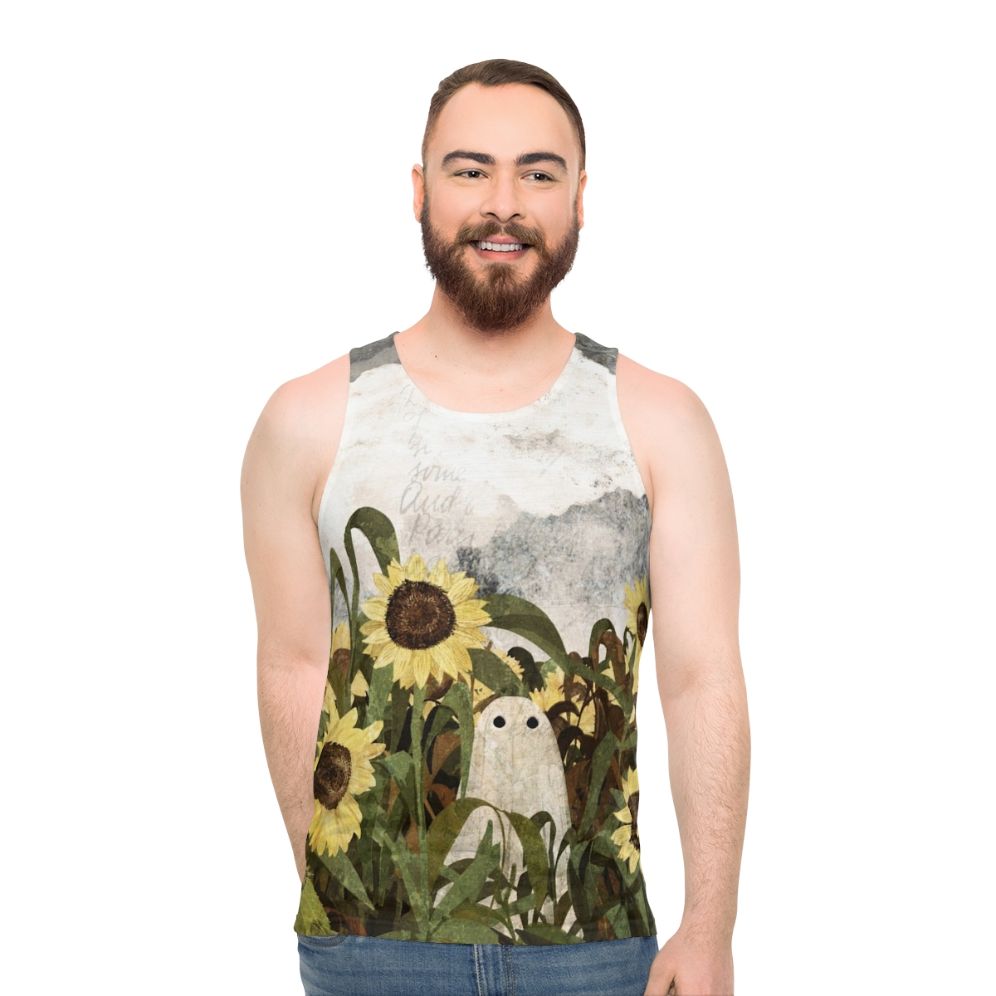 Vintage ghost in a sunflower field unisex tank top