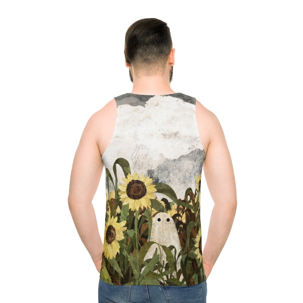 Vintage ghost in a sunflower field unisex tank top