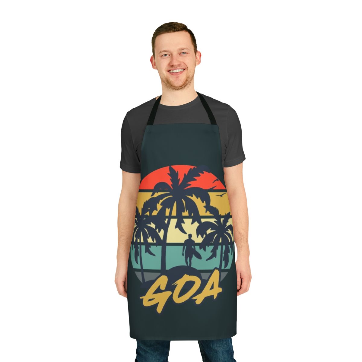 Vintage-style apron featuring a vibrant Goan beach sunset scene