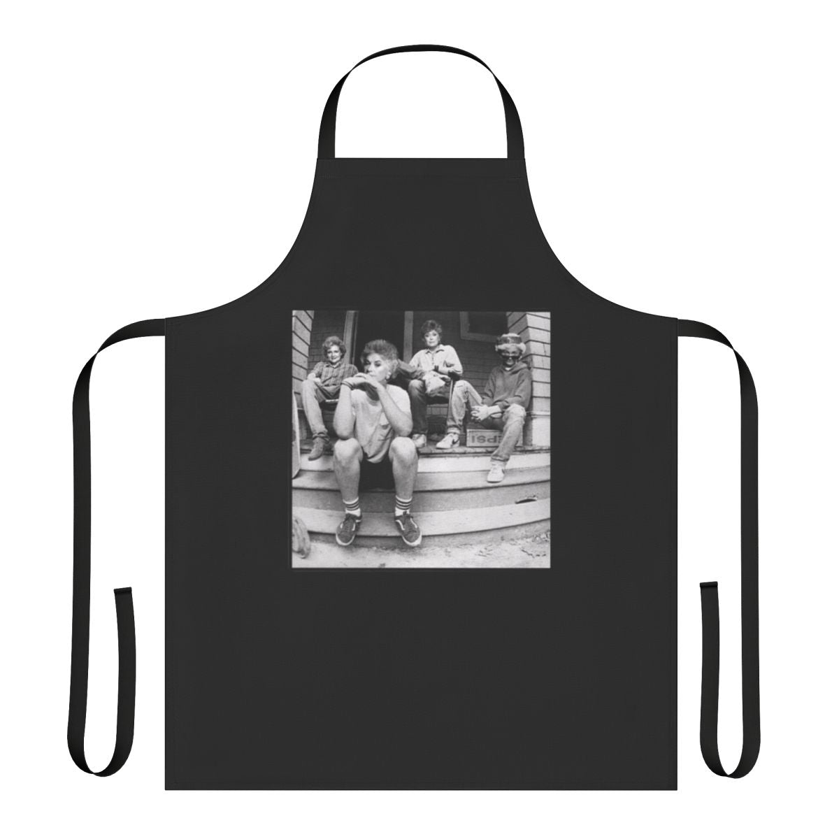 Vintage-inspired Golden Girls themed apron with characters Blanche, Rose, Dorothy, and Sophia