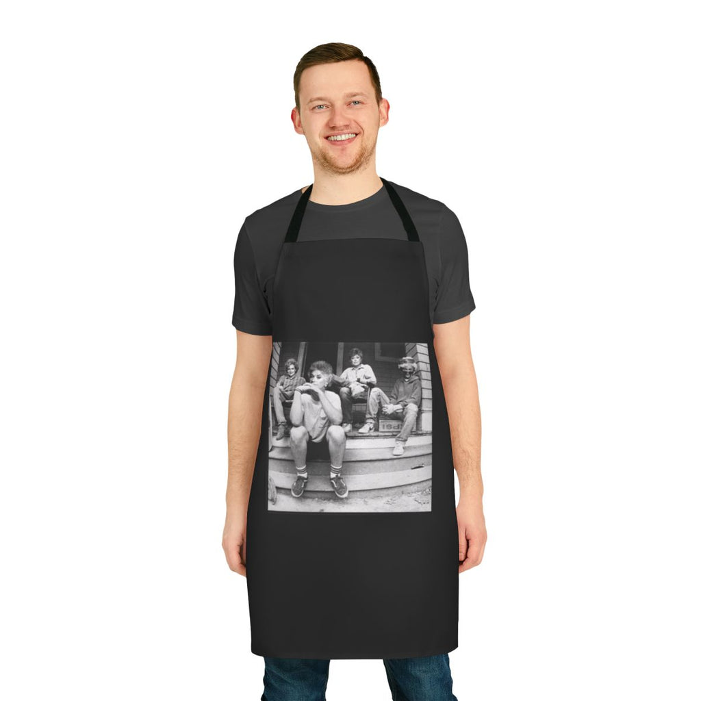 Vintage-inspired Golden Girls themed apron with characters Blanche, Rose, Dorothy, and Sophia