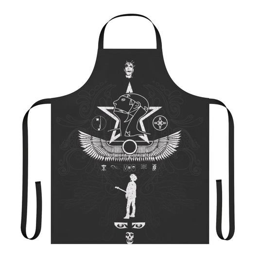 Vintage 80s goth band logos printed on a black apron
