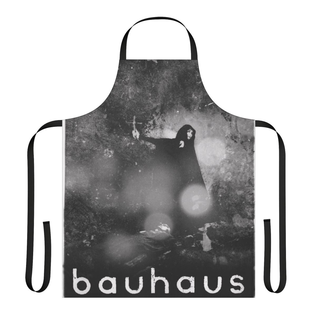 Vintage gothic-style black apron with Dracula and horror elements