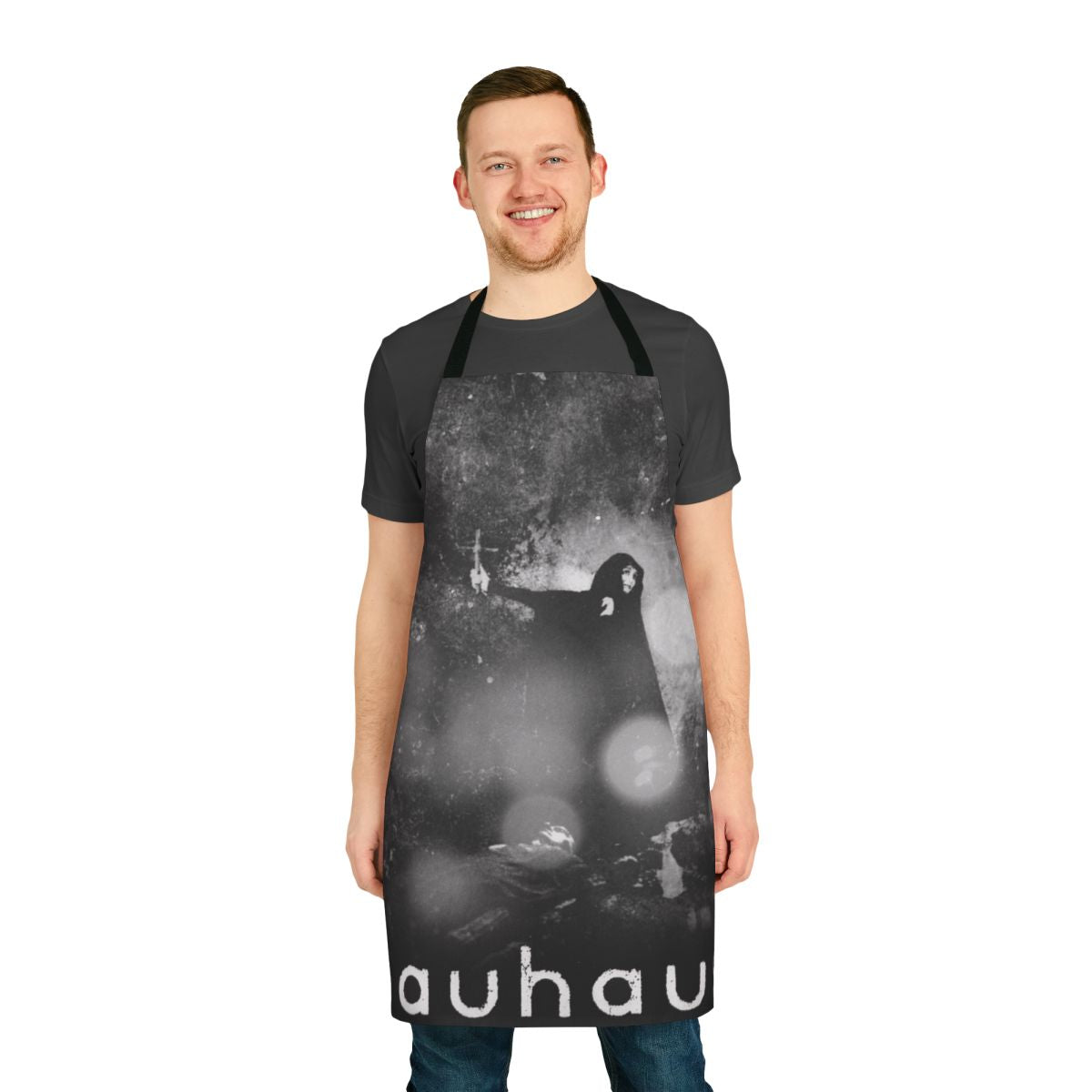 Vintage gothic-style black apron with Dracula and horror elements