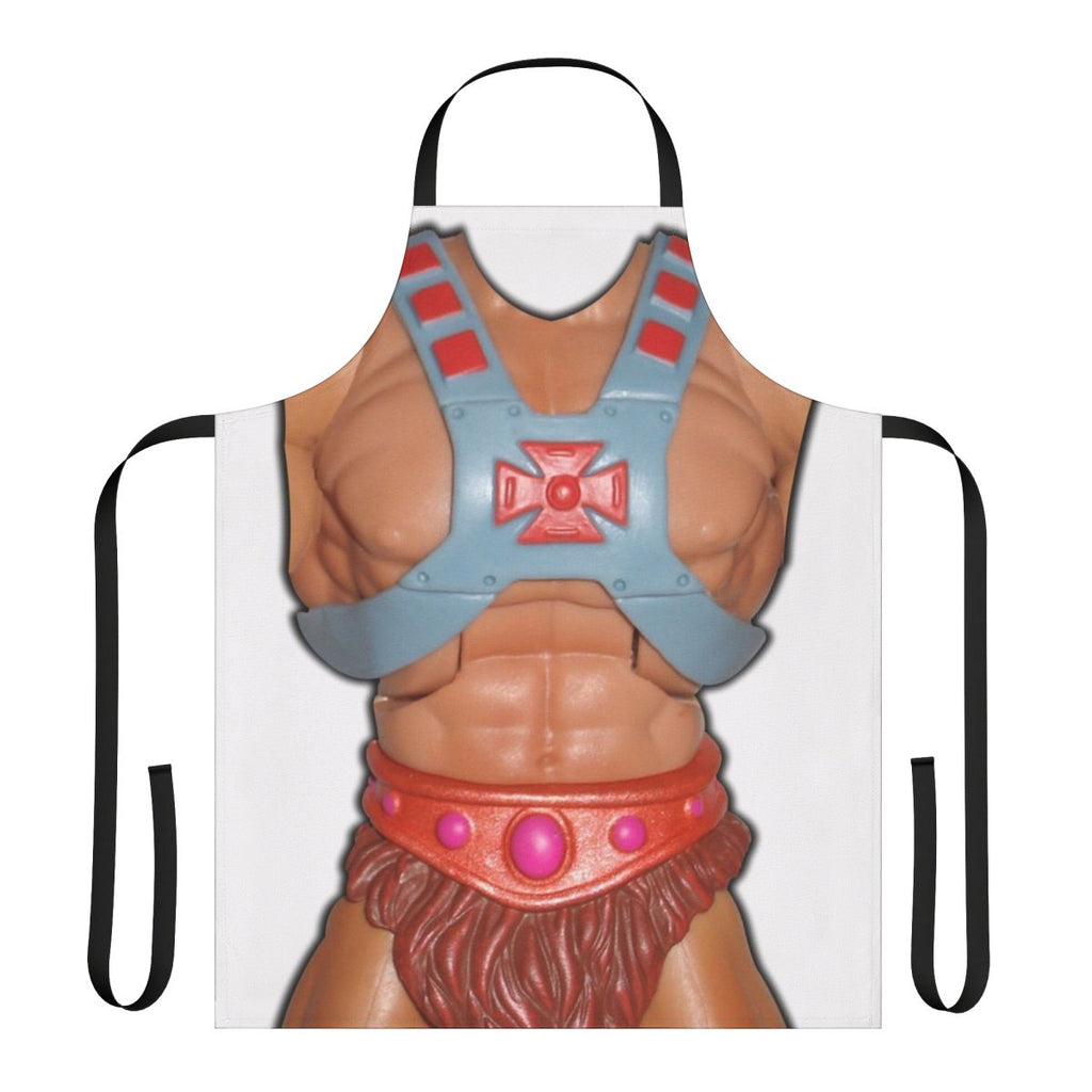 Retro styled apron featuring a colorful print of a classic He-Man action figure graphic