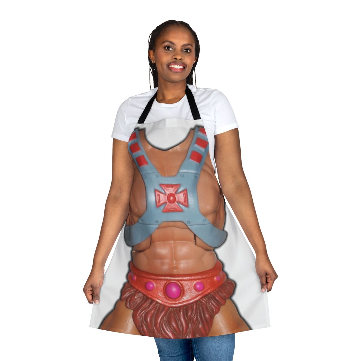 Retro styled apron featuring a colorful print of a classic He-Man action figure graphic