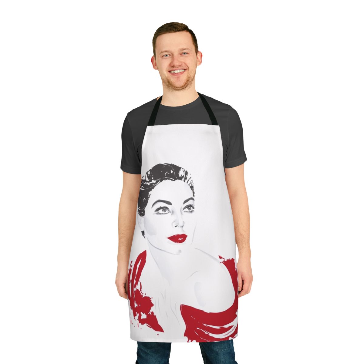 Vintage illustration of iconic actress Ava Gardner wearing a red apron