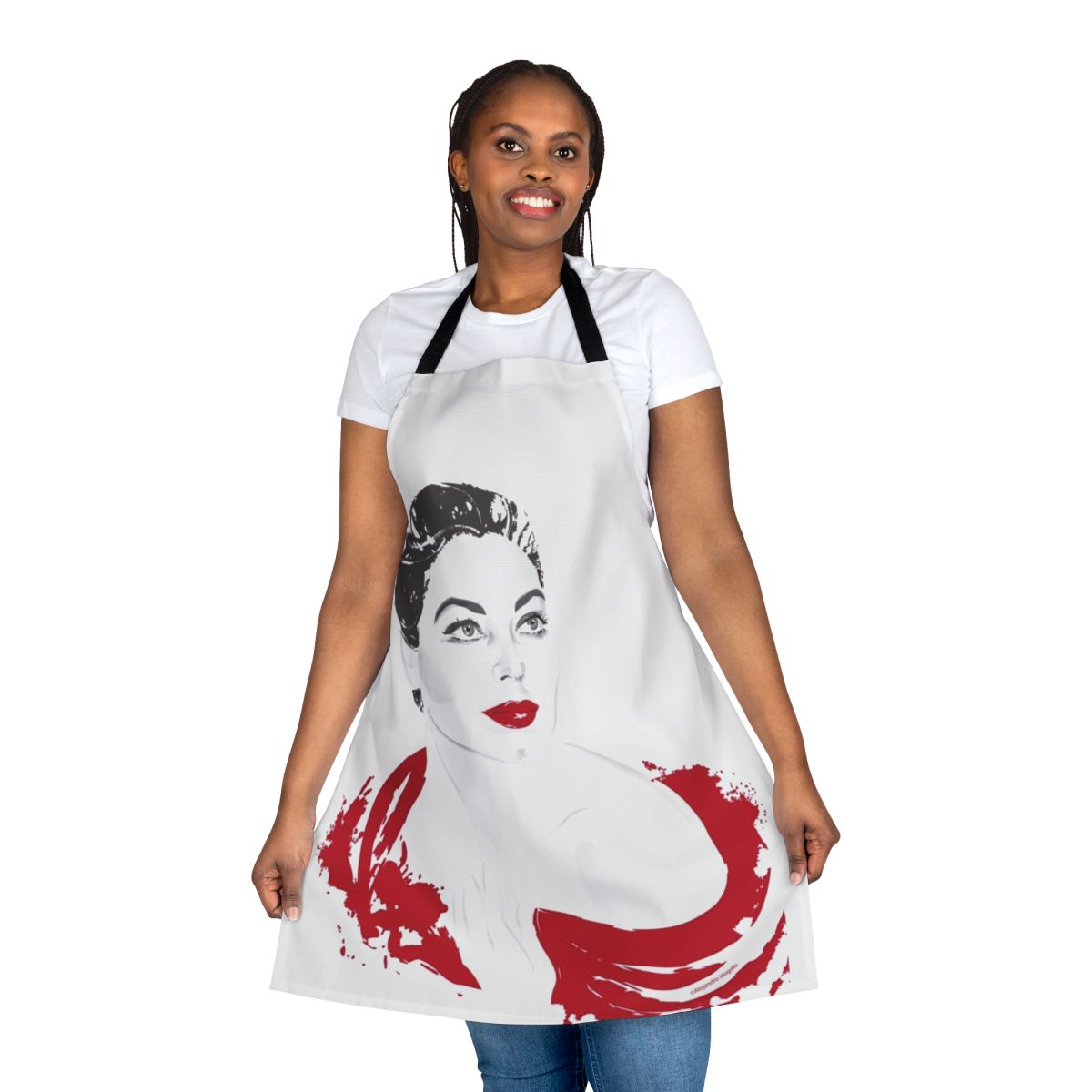 Vintage illustration of iconic actress Ava Gardner wearing a red apron