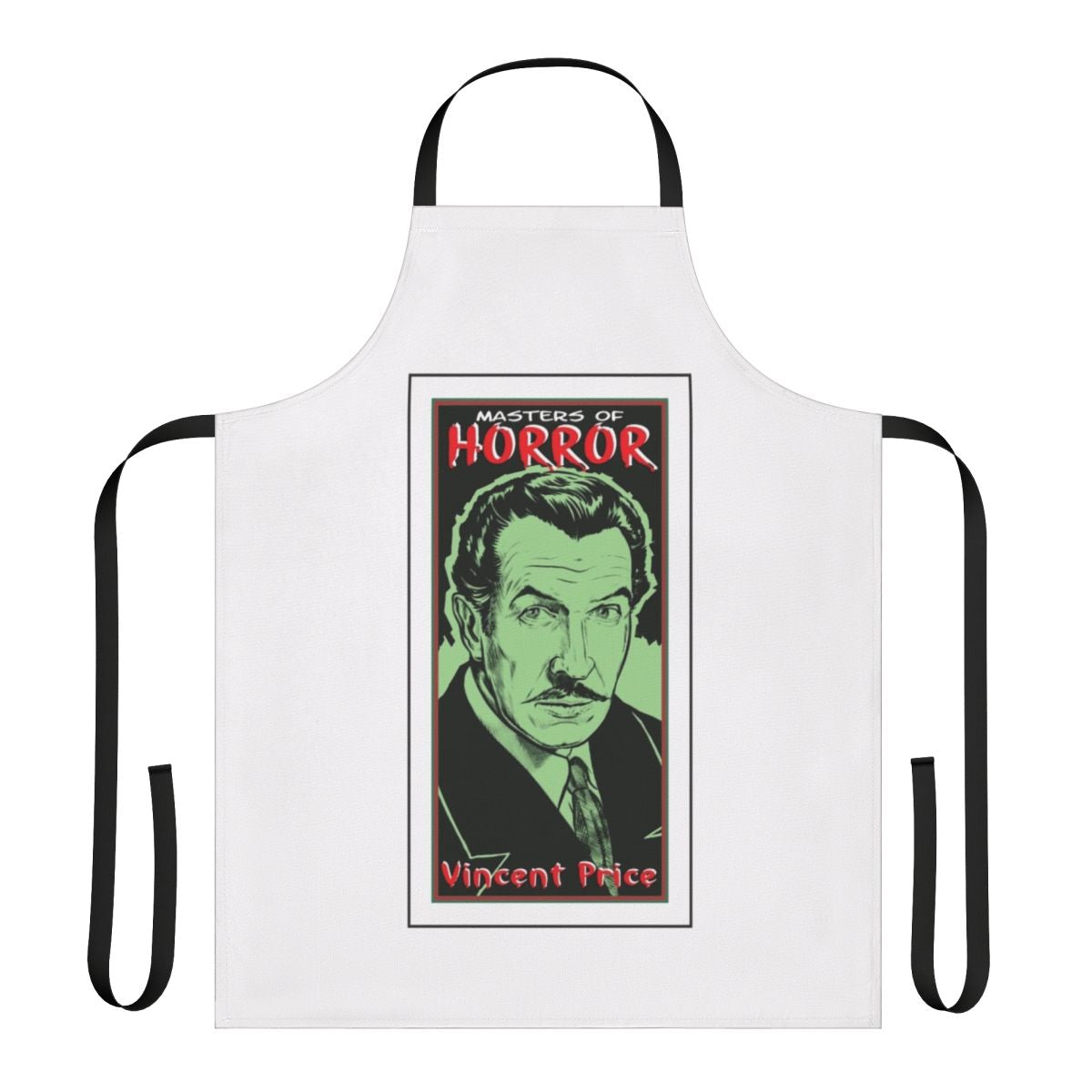 Apron featuring vintage horror movie inspired design with Vincent Price's face and Thriller-esque imagery