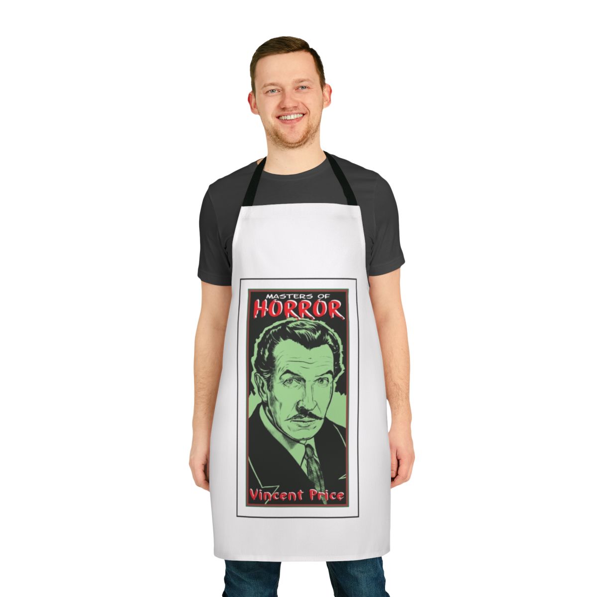 Apron featuring vintage horror movie inspired design with Vincent Price's face and Thriller-esque imagery