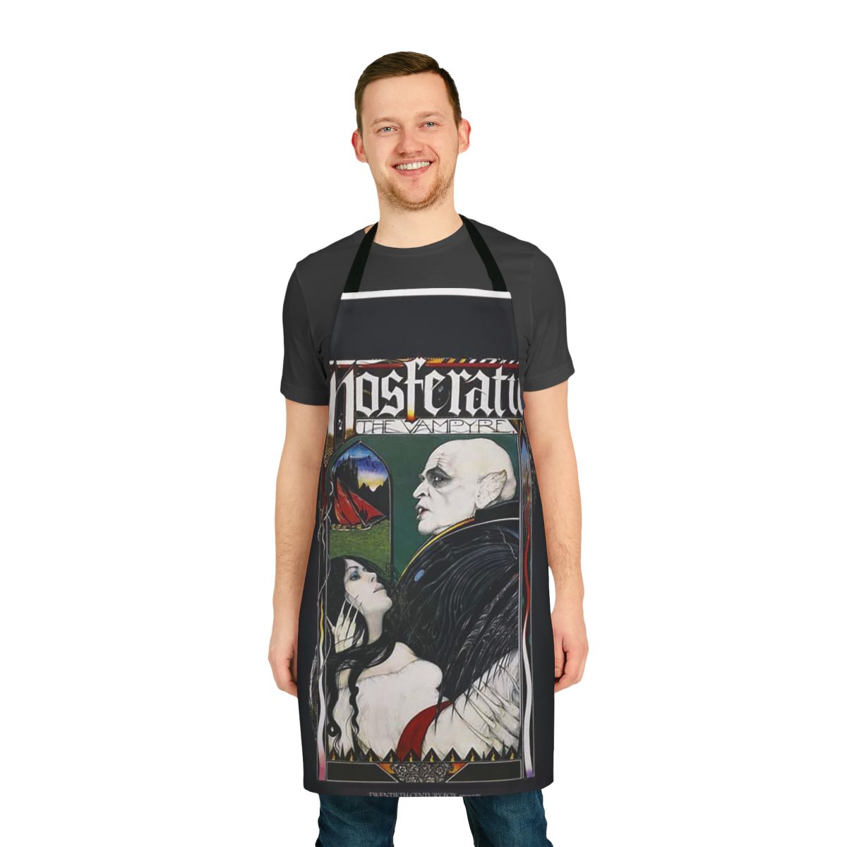 Vintage-style apron featuring the iconic image of the Nosferatu vampire from the classic horror movie