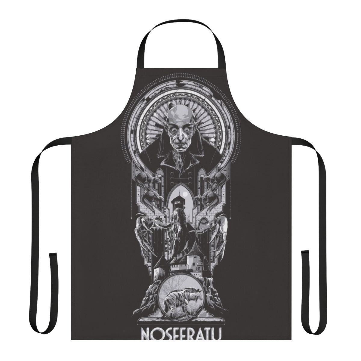 A black and white apron featuring a vintage inspired Nosferatu design, perfect for horror and gothic fans.