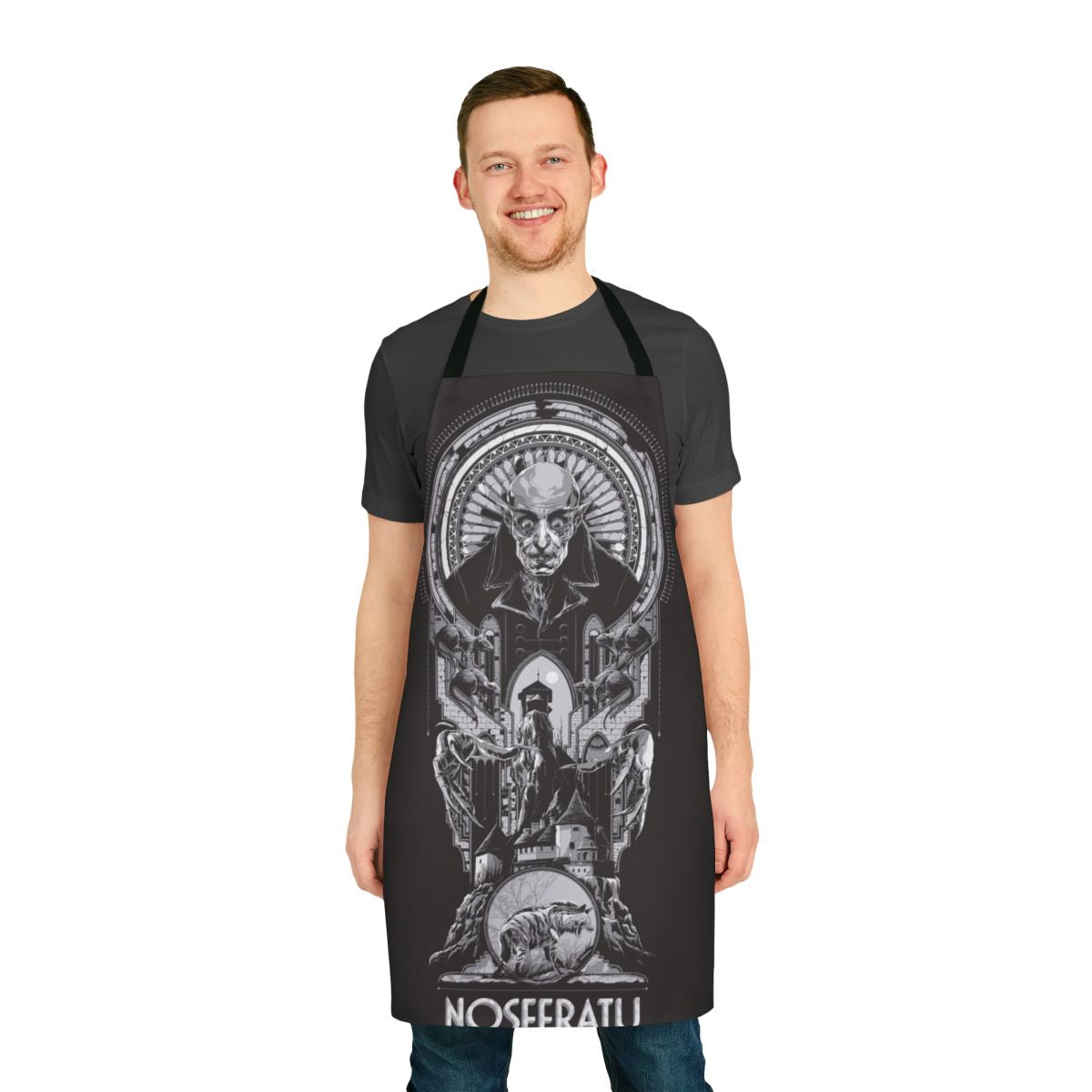 A black and white apron featuring a vintage inspired Nosferatu design, perfect for horror and gothic fans.