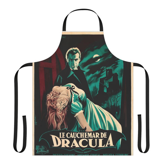 Vintage-inspired apron featuring a classic 1950s Dracula movie poster design