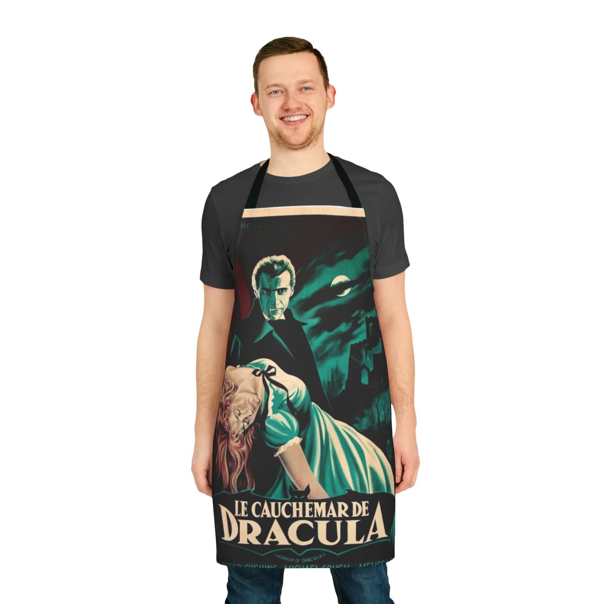 Vintage-inspired apron featuring a classic 1950s Dracula movie poster design