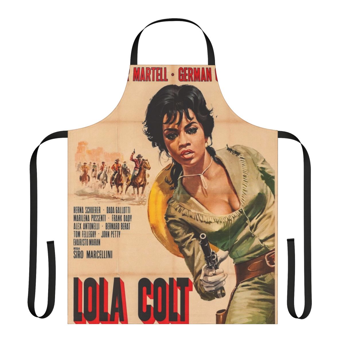 Vintage-inspired 1950s style apron featuring retro gun graphics