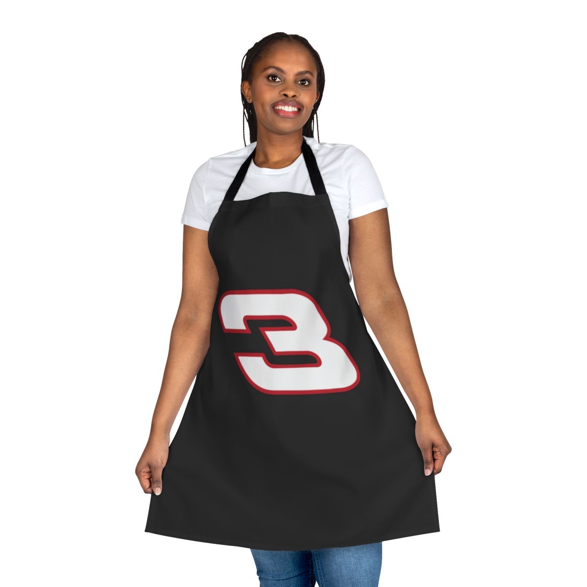 Vintage-inspired black and white 3 apron for NASCAR racing enthusiasts