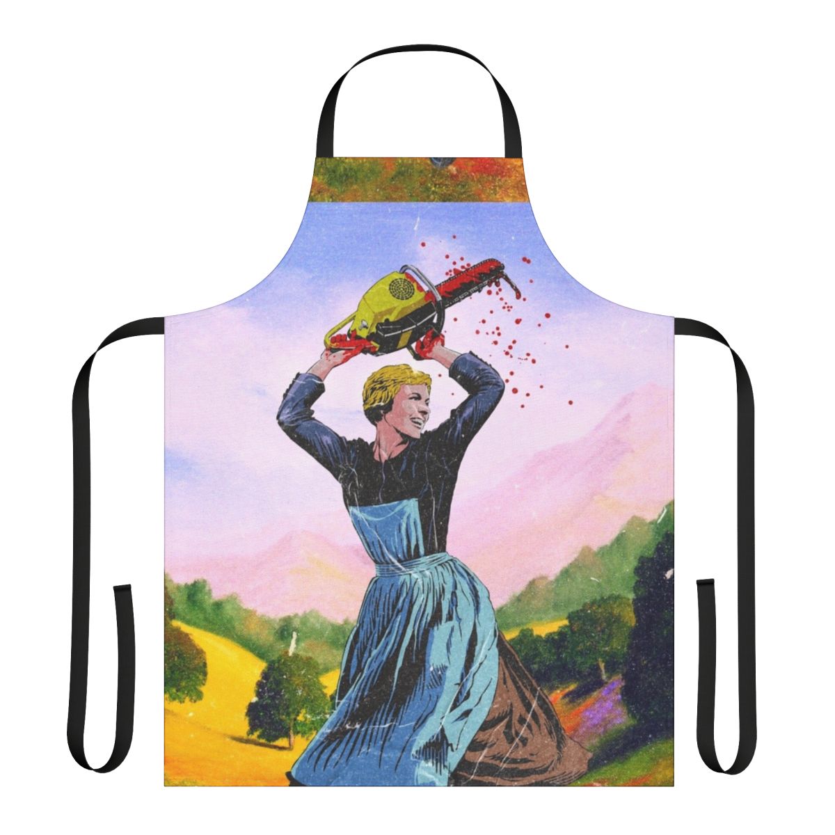 Vintage-inspired 80s music and pop culture themed apron with lightning bolt and chainsaw design
