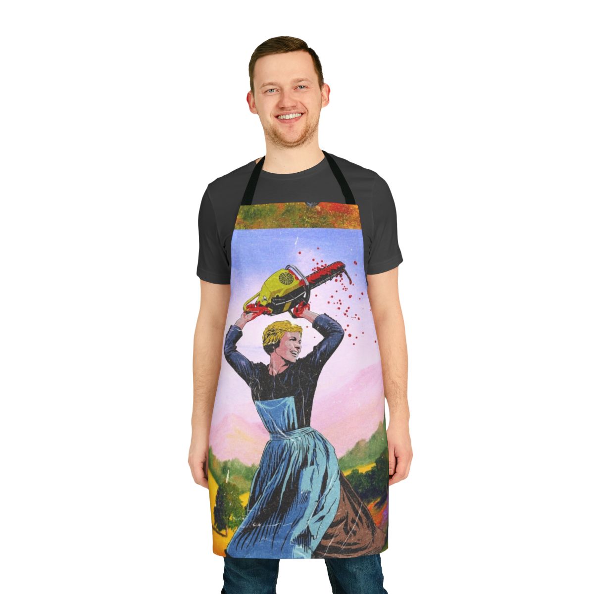 Vintage-inspired 80s music and pop culture themed apron with lightning bolt and chainsaw design