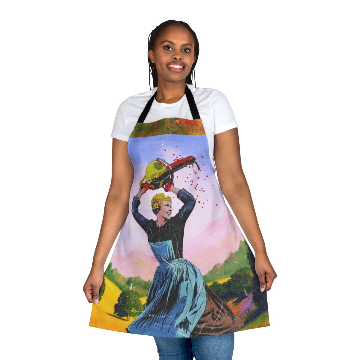 Vintage-inspired 80s music and pop culture themed apron with lightning bolt and chainsaw design