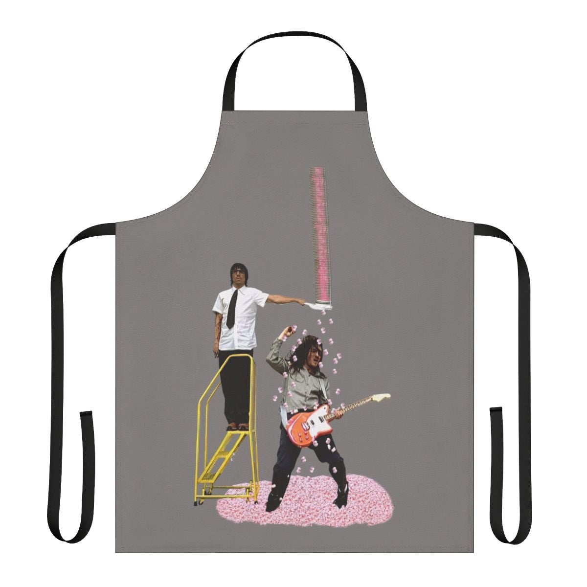 Vintage-style apron with "Addicted to the Shin Dig" design, featuring guitar, band elements