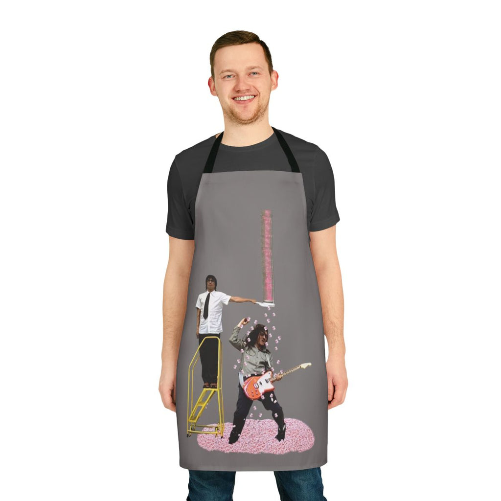 Vintage-style apron with "Addicted to the Shin Dig" design, featuring guitar, band elements