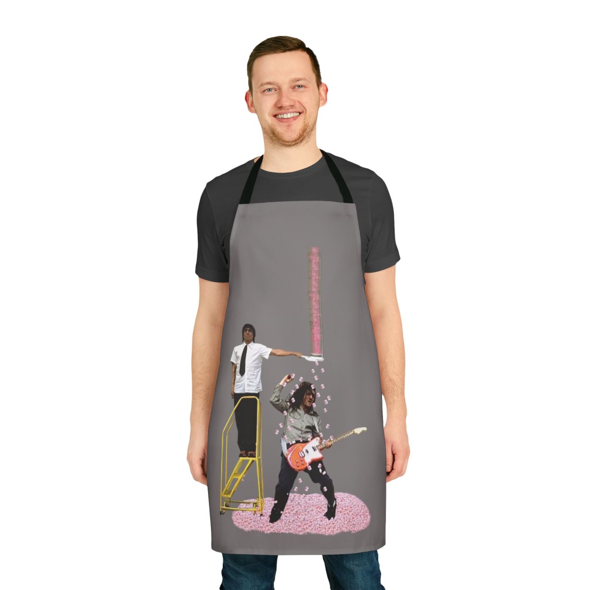 Vintage-style apron with "Addicted to the Shin Dig" design, featuring guitar, band elements