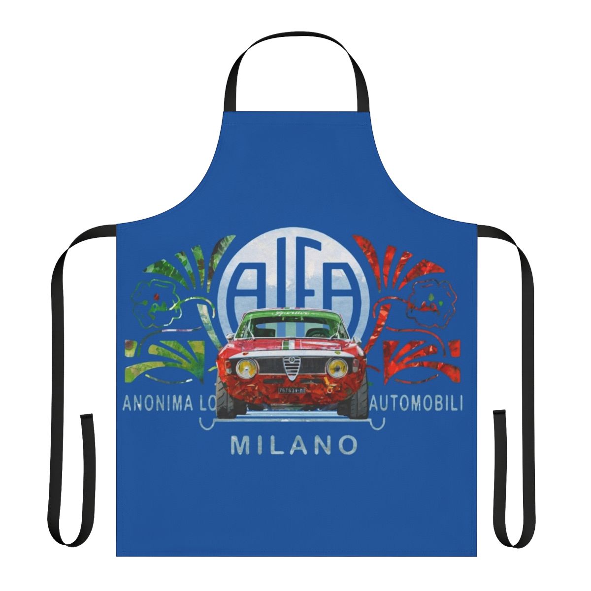 Vintage-inspired watercolor-style apron featuring the iconic Alfa Romeo GTA Sprint design