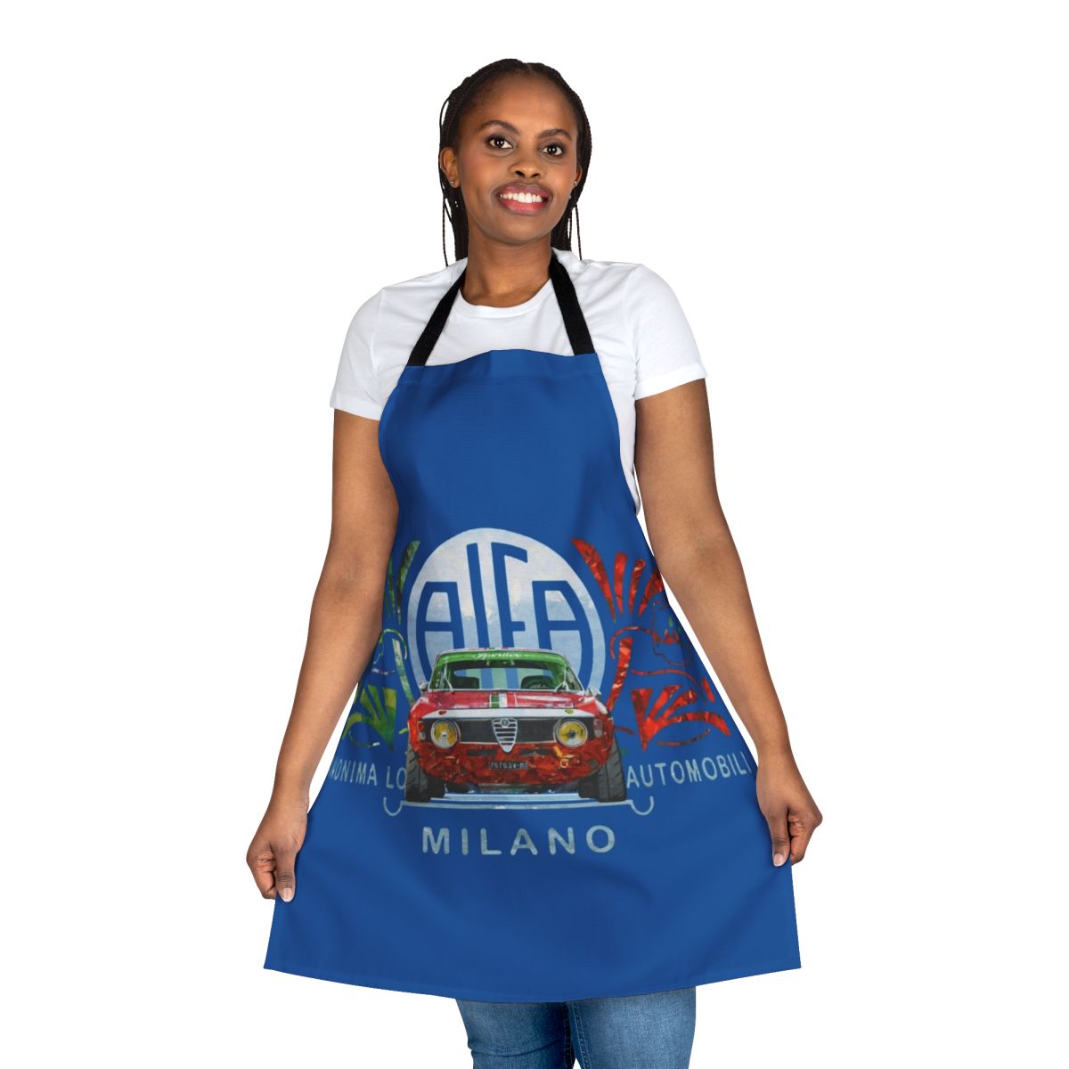 Vintage-inspired watercolor-style apron featuring the iconic Alfa Romeo GTA Sprint design