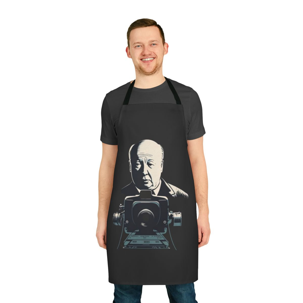 Alfred Hitchcock-themed apron with a classic, retro-inspired design