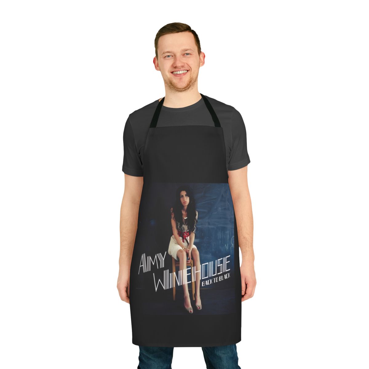 Vintage-inspired apron featuring a photograph of legendary singer Amy Winehouse
