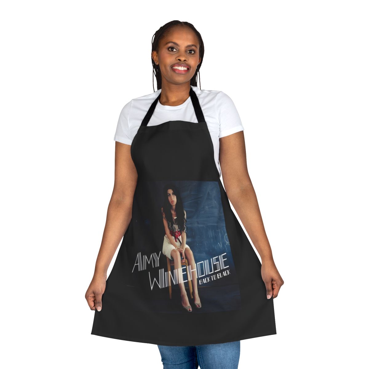 Vintage-inspired apron featuring a photograph of legendary singer Amy Winehouse