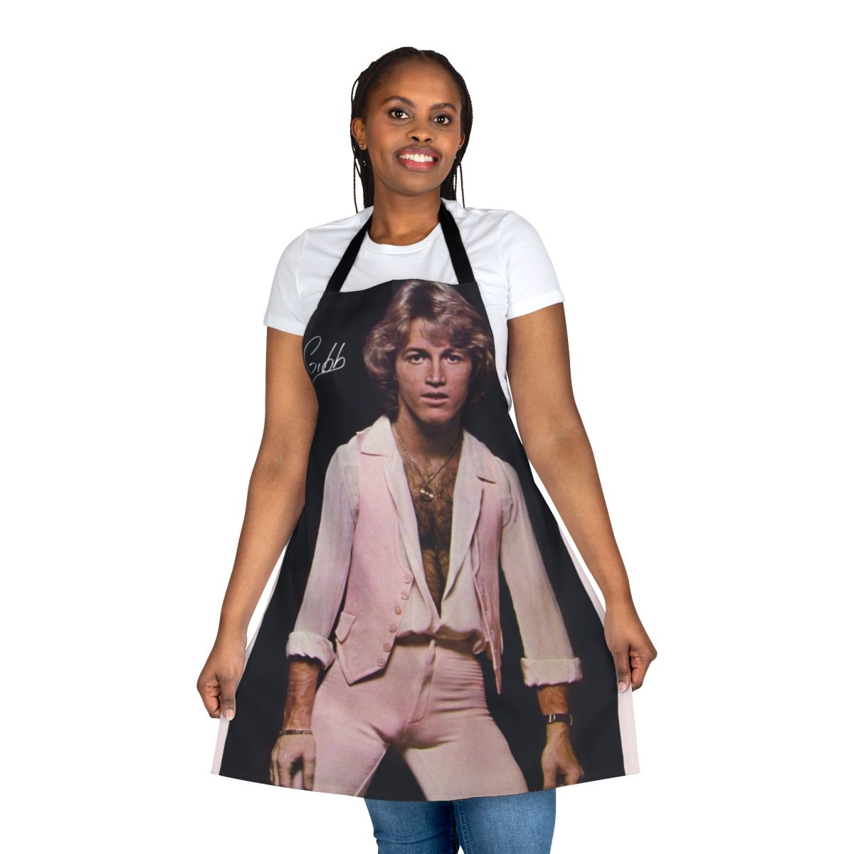 Vintage-inspired apron featuring the late musician Andy Gibb of the Bee Gees