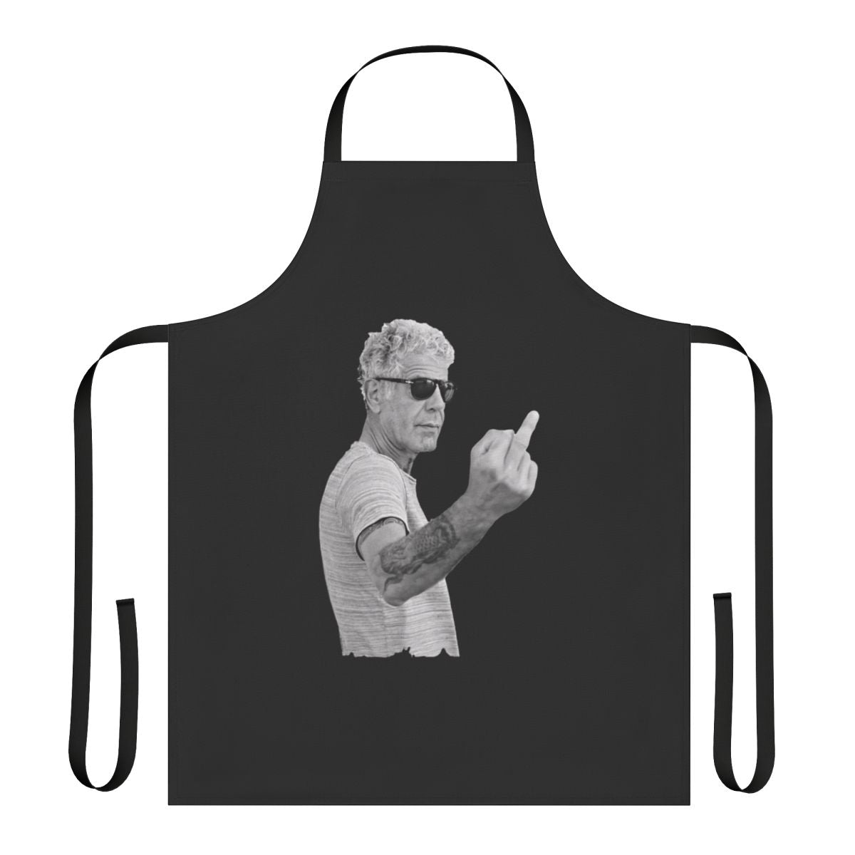 Vintage-styled cooking apron featuring an Anthony Bourdain-inspired design