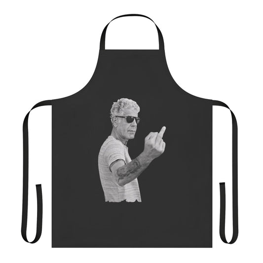 Vintage-styled cooking apron featuring an Anthony Bourdain-inspired design