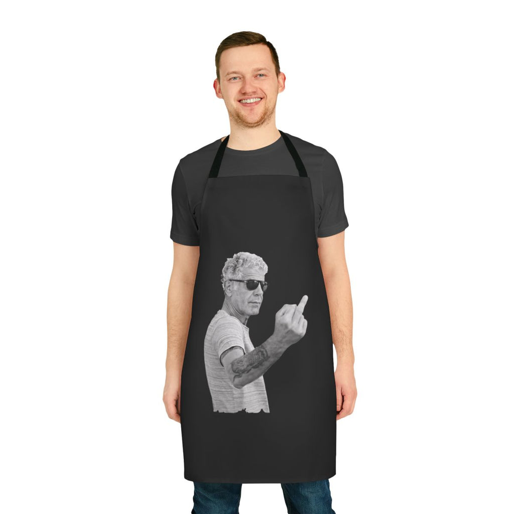 Vintage-styled cooking apron featuring an Anthony Bourdain-inspired design