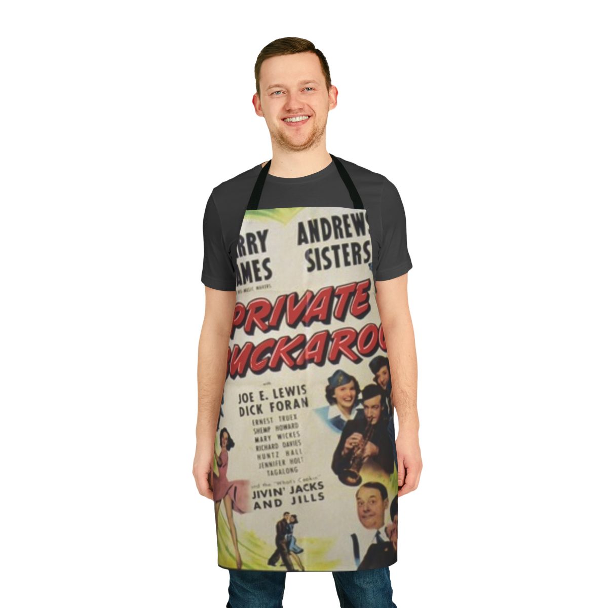 Vintage-inspired apron featuring classic film and music elements